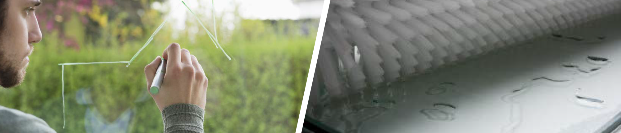 Person writing on glass with chemetell product and close up macro photo
