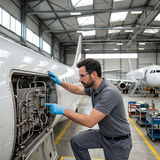 Aircraft engineer checking the hydraulic reservoir on a commercial aircraft during scheduled maintenance