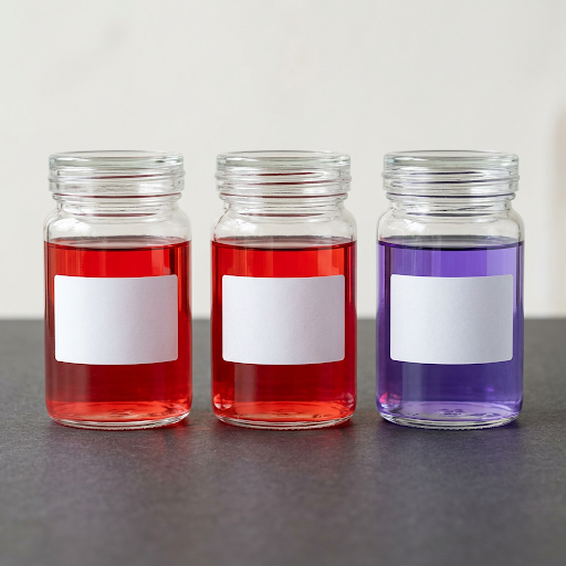 Red mineral-based and purple phosphate ester aviation hydraulic fluid samples shown side by side for comparison