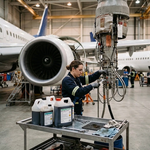 Aircraft hydraulic system components and fluid containers in an MRO hangar, illustrating fire-resistant aviation hydraulic fluids.