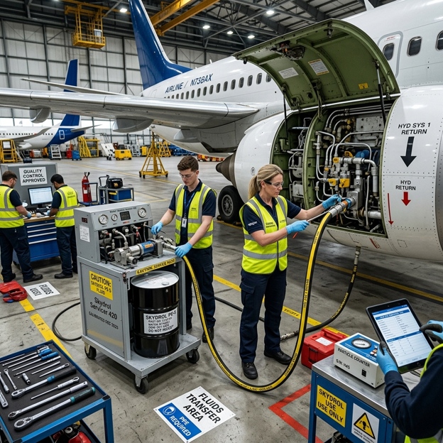 Aircraft technicians servicing hydraulic systems using aerospace-approved hydraulic fluid and maintenance equipment