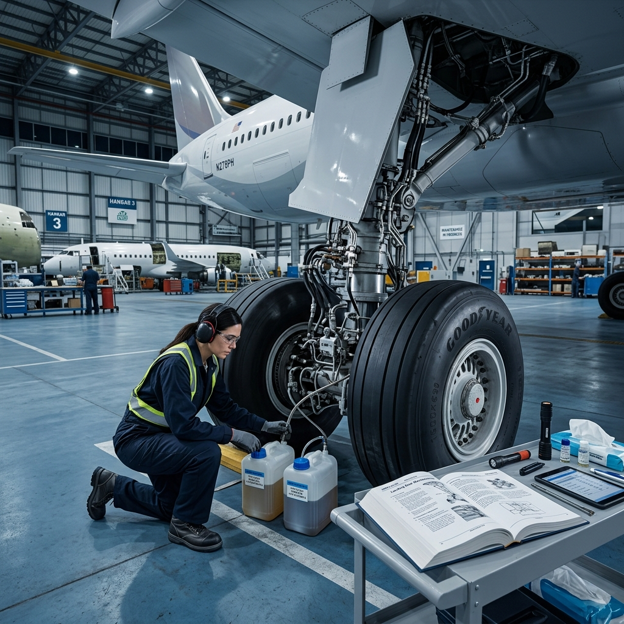 Aircraft maintenance engineer inspecting aerospace hydraulic fluid beside commercial aircraft landing gear inside an aviation hangar