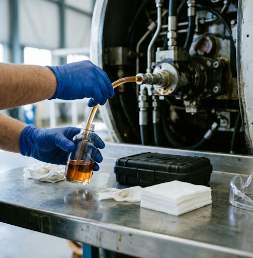 Technician taking a hydraulic fluid sample from an aircraft system for acidity and contamination testing