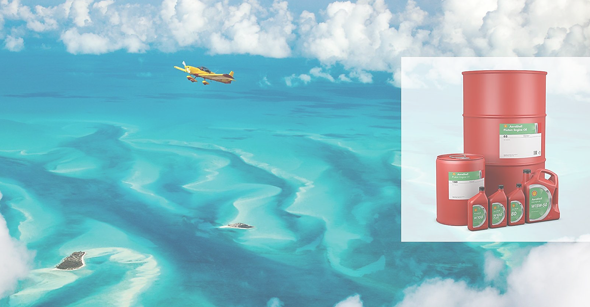 Small aircraft over sea with smaller image of aeroshell oils
