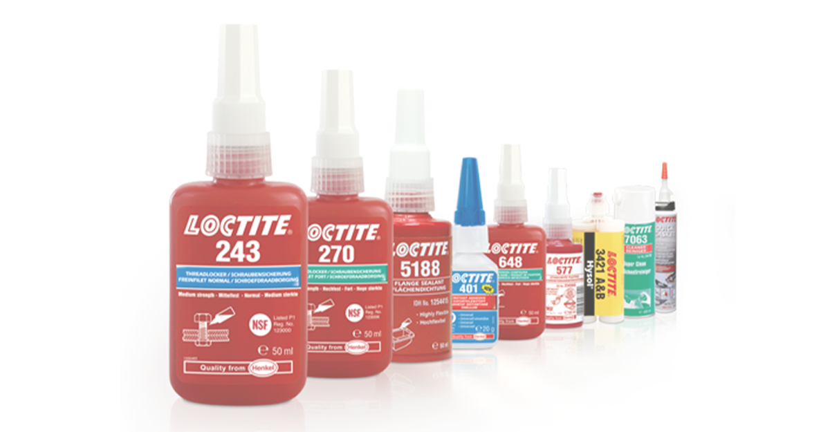 Various Loctite bottles lined up