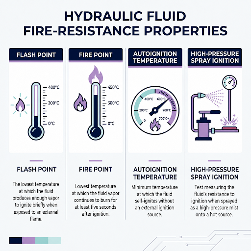  Infographic of hydraulic fluid fire-resistance test properties: flash point, fire point, autoignition temperature, and high-pressure spray ignition.