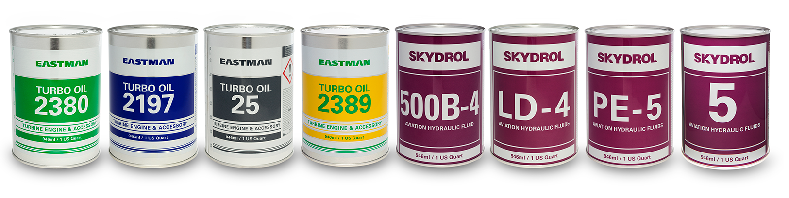 8 Skydrol and Eastman tins lined up