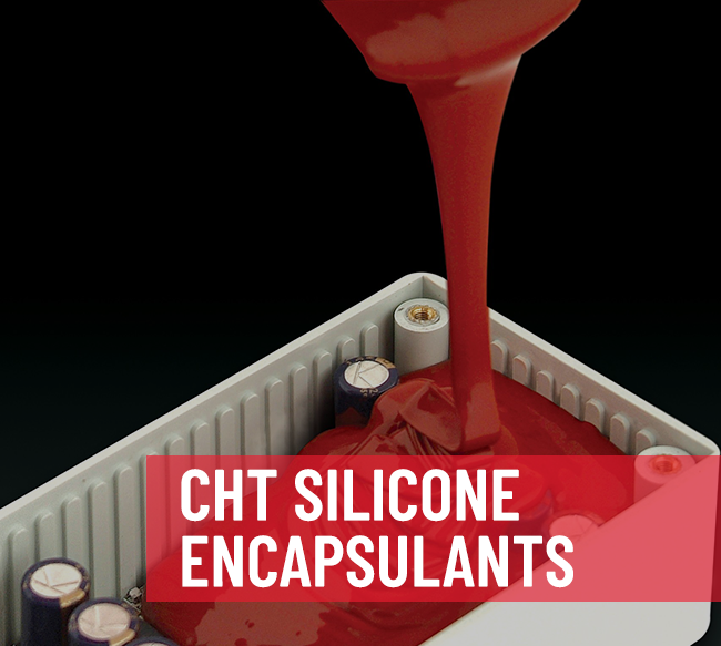 CHT Silicone Encapsulants text with red liquid silicone background