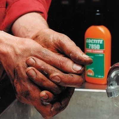 Hand washing and Loctite 7850 bottle