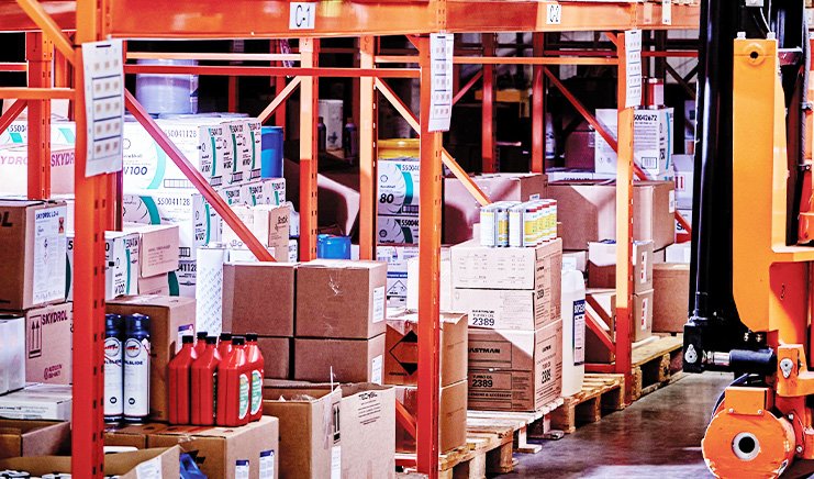 warehouse shelving with products stacked