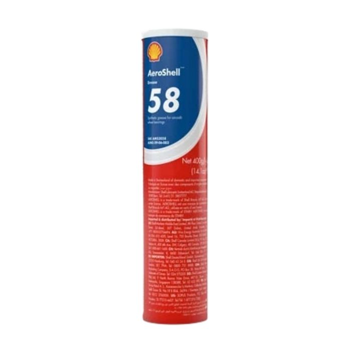AeroShell Grease 58 400gm cartridge, AIMS 09-06-003 and SAE-AMS-3058 AeroShell Grease 58, a high-temperature wheel-bearing grease in a 400gm cartridge.