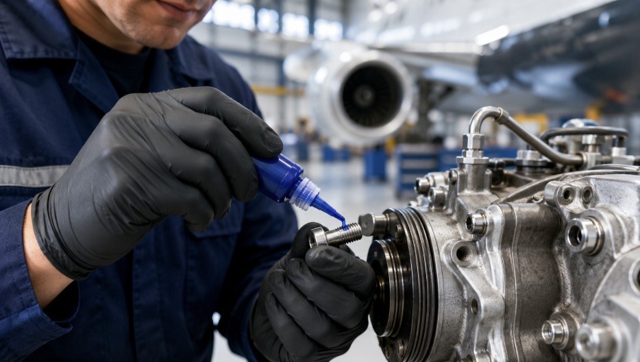 Aviation maintenance technician applying blue Loctite threadlocker to an engine fastener in an MRO hangar.