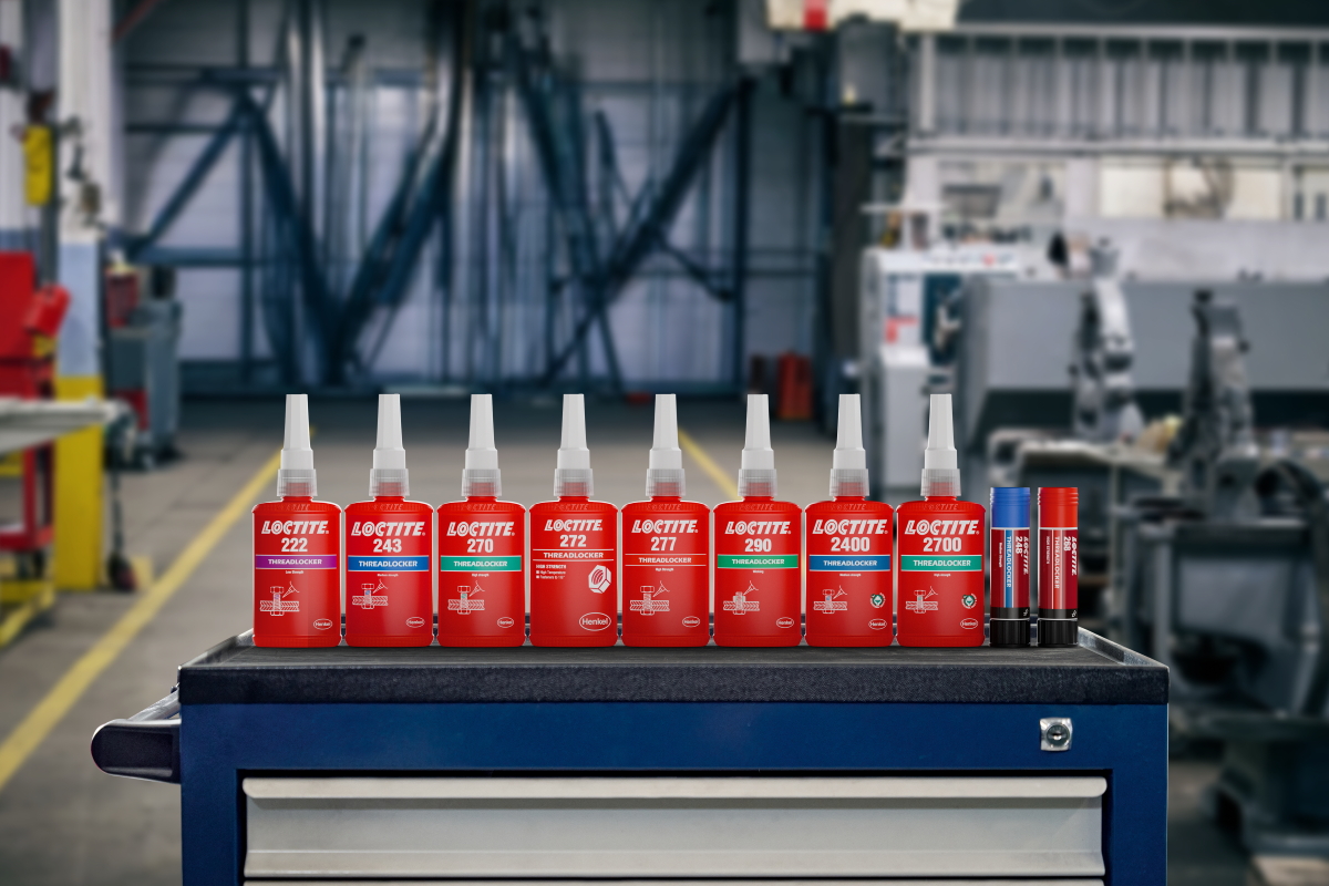 Loctite threadlockers product line packshot photo in a maintenance facility