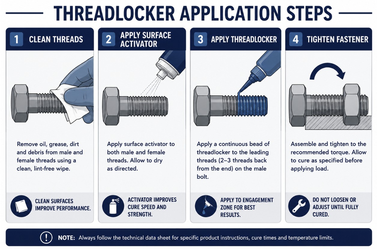Four-step diagram showing threadlocker application: clean threads, apply activator, apply adhesive, assemble fastener.