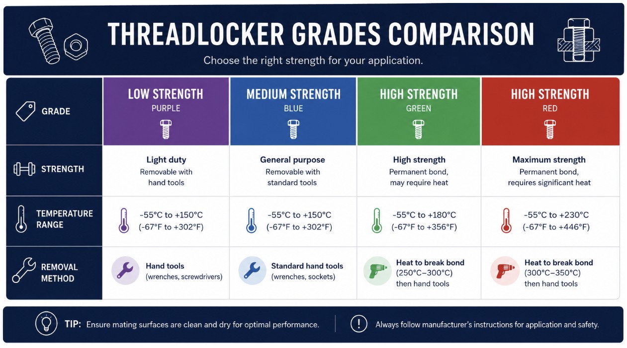 Loctite threadlocker colour and strength comparison chart showing purple, blue, green, and red grades.