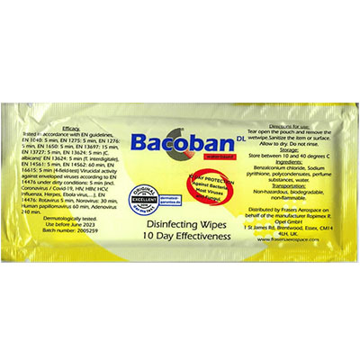 Bacoban DL for Aerospace 1% Ready to Use Aircraft Disinfectant Single Wipe (Box of 500 Wipes)