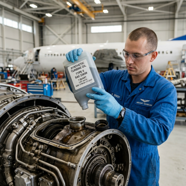 Aircraft technician handling synthetic turbine engine oil during maintenance, illustrating AS5780 and MIL-PRF-23699 compliance in an MRO setting