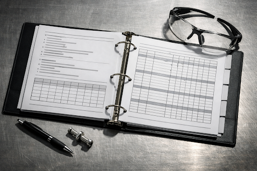  Open technical specification document on a workbench with aerospace components alongside
