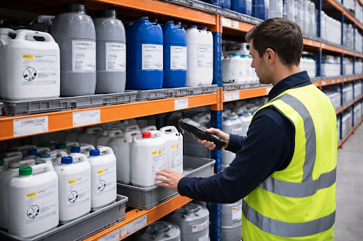 Industrial aerospace chemicals warehouse with labelled material containers and a warehouse operative